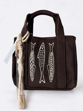 House of Harlow 1960 Sardine Embroidered Canvas Tote Brown Coastal Nautical NWT